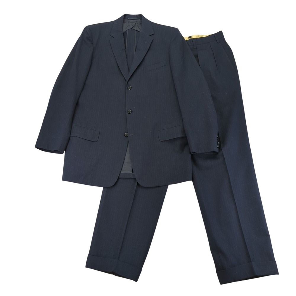 Hickey Freeman Men's Navy Pinstripe Wool Suit Jacket Pants 2pc Men 44 35 Bespoke